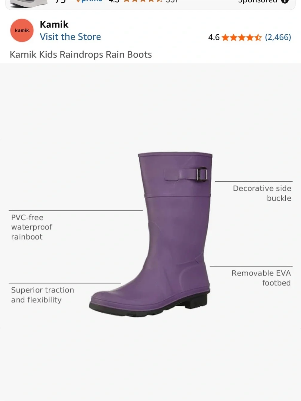 Kamik Purple Raindrops Kids Rain Boots with Adjustable Buckle